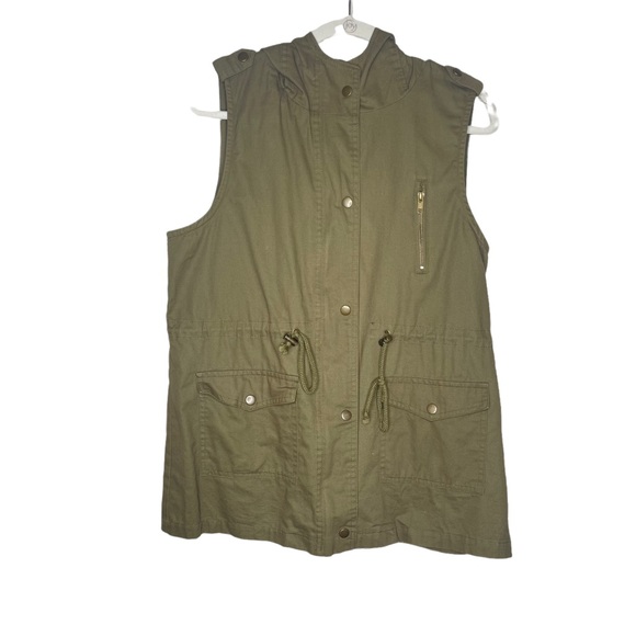 Zenana Outfitters Olive Green Sleeveless Hooded Cargo Utility Drawstring Vest L - Picture 1 of 5